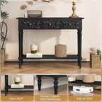 3More Entryway Console Table with 3 Drawers,42" Carved Hallway Table with Open Shelf,Long Sofa Table for Living Room, Hallway, Behind Couch,Black