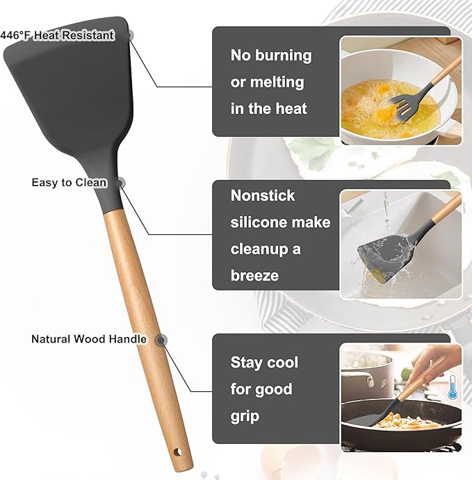 E-far Gray Silicone Cooking Utensils Set, 10-Piece Kitchen Utensils Set with Wooden Handle for Nonstick Cookware, Heat Resistant Kitchen Nonstick Tools Spatula Whisk Tongs Ladle, Non-toxic & Healthy