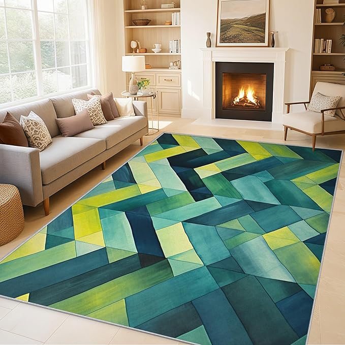 3x4 Geometric Zigzag Rugs for Bedroom Decor, Washable Green Chevron Pattern Area Rug, Living Room Home Decoration, Non Slip Soft Thin, Modern Abstract Geometry Decor Carpet PF-P 49