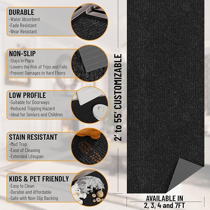 Ottomanson 2' x 7' Hallway Runner with Scraper Pile Extra Durable Non-Slip Rug Mat for Indoor & Outdoor Use - Ideal for Kitchen, Entryway, Patio & Garage - High-Traffic Carpet, Black