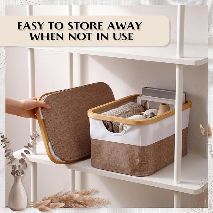 Hushee 4 Pack Bamboo Fabric Storage Bins for Shelves, 15"x10"x7.9" Collapsible Storage Baskets for Organizing, Two-Tone Foldable Bins for Clothes, Towels, Linens(White with Brown)