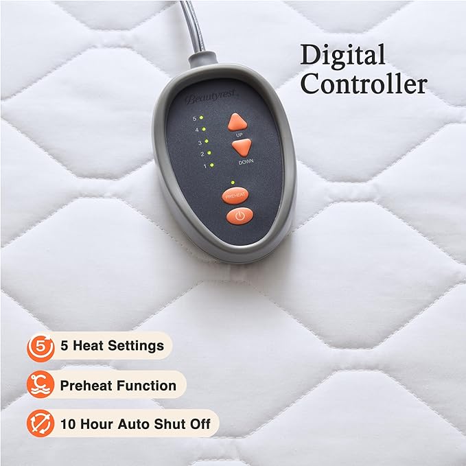 Beautyrest Cotton Blend Heated Mattress Pad Secure Comfort Technology - Luxury Quilted Electric Mattress Pad with Deep Pocket - 5-Setting Heat Controllers, Twin XL , White