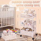 Yookeer 2in1 Baby Diaper Caddy Organizer Cart 3 Tier Large Capacity Metal Utility Bedside Rolling Cart with Divider Newborn Registry Gift Nursery Essential Must Have Bedroom Baby Shower(White,Flowers)