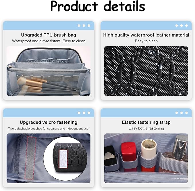 BOYATU Travel Makeup Bag for Women: Cosmetic Organizer Bag with Compartments - Leather Make up Bags Set of 3 (G-4-Black)