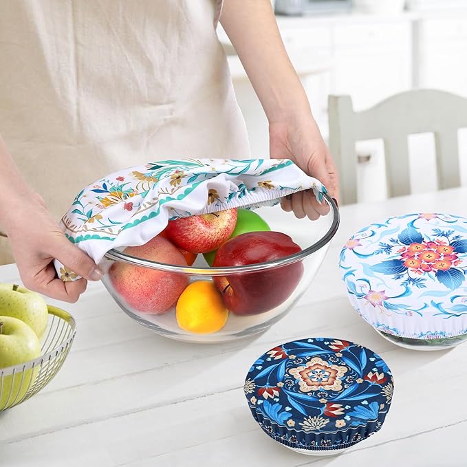 5 Pieces Bowl Covers Reusable, 5 Size Elastic Cloth Bowl Covers for Bread Proofing Food Covers Washable for Food Fruits Leftover (Blue Bird)