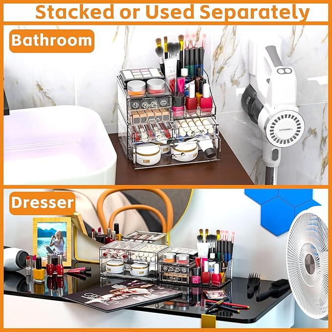 Cq acrylic Clear Make up Organizers for Vanity,Skincare Organizer With 5 Drawers for Dresser,Plastic Cute Desk Accessories Organization and Bathroom Organizers Storage Case Box for Beauty,Skin Care