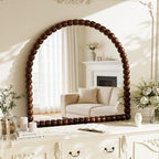 31"×32" Brown Arched Bathroom Vanity Mirror, Vintage Beaded Decorative Wall Mounted Makeup Mirror, as Wall Decor Hanging Leaning for Fireplace Mantle, Living Room, Bedroom, Vanity Area