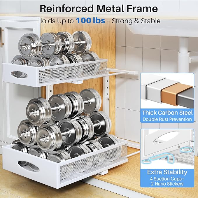 Under Sink Organizer, 2 Pack 2 Tier Pull Out Under Cabinet Organizer Shelf with Pad for Framed Cabinets, Metal Slide Out Under Sink Storage, Mesh Sliding Drawers for Kitchen Bathroom Laundry, White