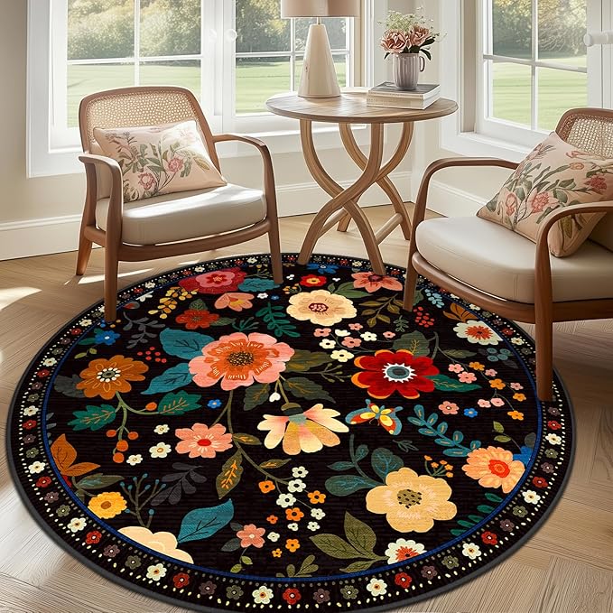 Floral 6ft Area Rug Machine Washable Soft Print Boho Carpet Non Slip Doormat Low Pile Flower Area Rugs for Living Room Bedroom Nursery Kitchen Dining Room Indoor-Black