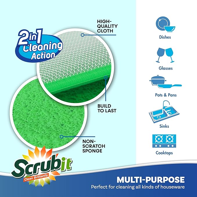 Scrub and Wipe Cleaning Pads [10 Pack] – SCRUBIT Dual Sided Scouring Pad and Sponge - Reusable Kitchen Scrubbing Sponges for Dishes, Pots, Pans Utensils & Non-Stick Cookware (Green)