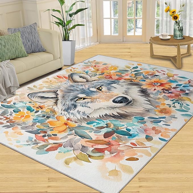 5x7 Wolf Rugs for Bedroom - Watercolor Florals Print Rug, Animals Rug Non Slip Soft Rugs for Living Room Hardwood Floors Teen Room