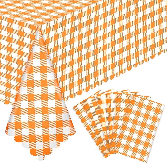 NatNarr 6 Pack Orange Gingham Tablecloth, 54 X 108Inch Plastic Orange Checkered Table Cloth Disposable Scalloped Tablecloths Waterproof Plaid Table Cover for Picnic Wedding Birthday Outdoors Party