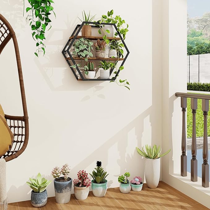 Hexagon Shelves for Wall, Hexagon Floating Shelves, Decorative Geometric Shelf for Wall Decor, Farmhouse Style Shelves for Bathroom Living Room, Rustic Brown Black