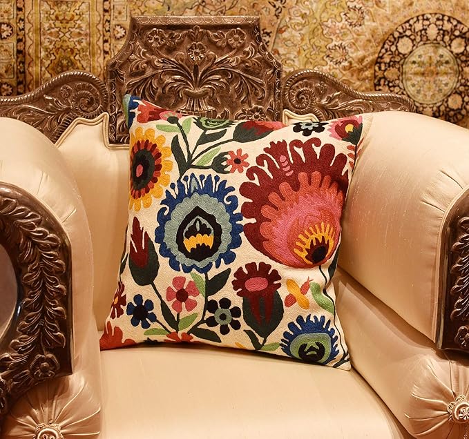 Polish Floral Decorative Pillow Cover Hand Embroidered Cream Flower Pillowcase White Botanical Traditional Outdoor Cushion Suzani Chair Pillowsham Couch Wool 18x18 Inch