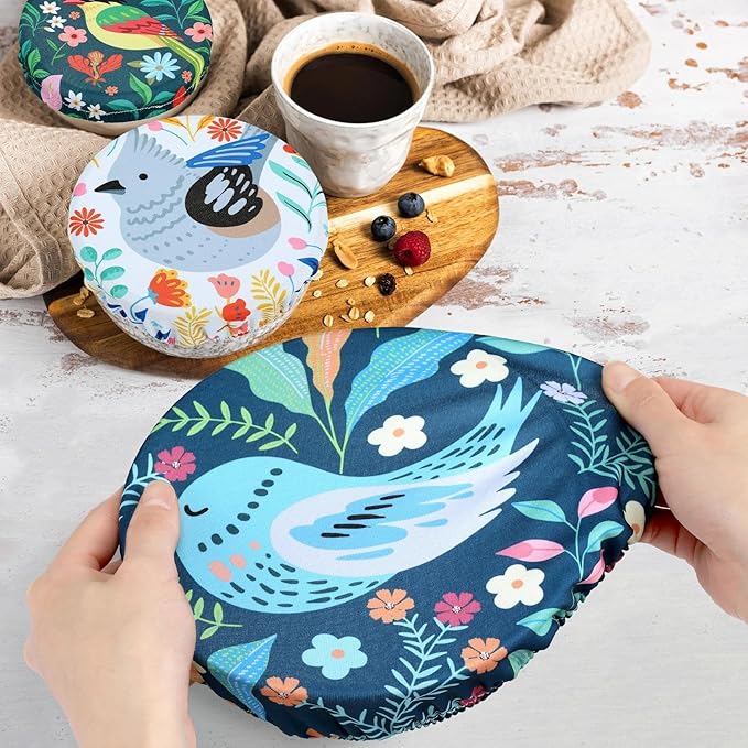 5 Pieces Bowl Covers Reusable, 5 Size Elastic Cloth Bowl Covers for Bread Proofing, Food Covers Washable for Food Fruits Leftover (Floral Bird)