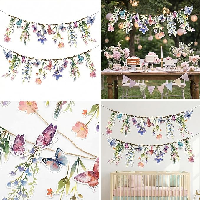 48Pcs Flower Fairy Banner Decorations Floral Designs Wildflower Garland – with 5m Jute Rope, for Baby Shower, Wedding, Easter Backdrop, Enchanted Garden Party Supplies (Butterfly)