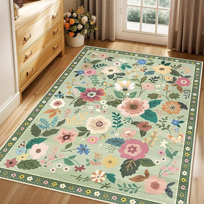 Floral 4x6 Area Rug Machine Washable Soft Print Boho Carpet Non Slip Doormat Low Pile Flower Area Rugs for Living Room Bedroom Nursery Kitchen Dining Room Indoor-Light Green