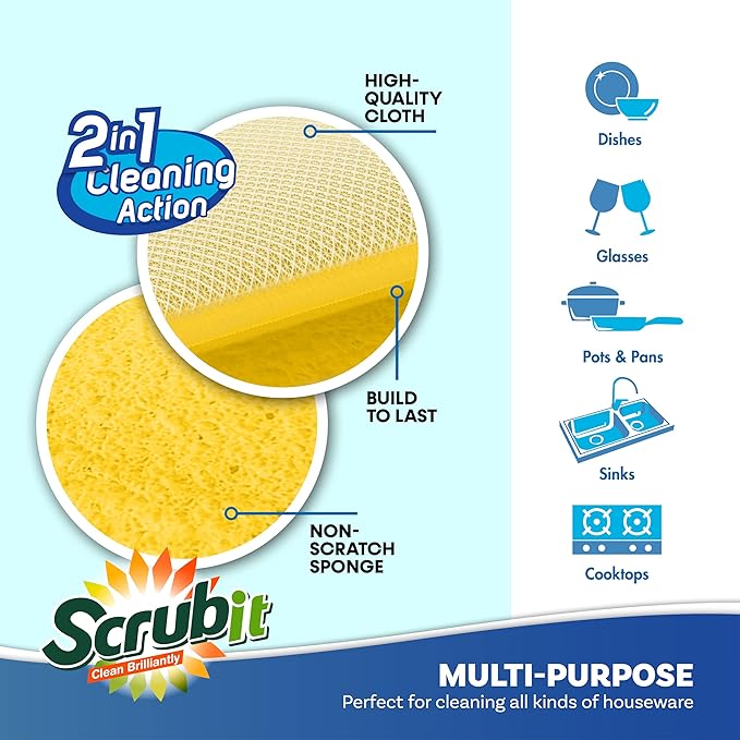 Scrub and Wipe Cleaning Pads [10 Pack] – SCRUBIT Dual Sided Scouring Pad and Sponge - Reusable Kitchen Scrubbing Sponges for Dishes, Pots, Pans Utensils & Non-Stick Cookware (Yellow)