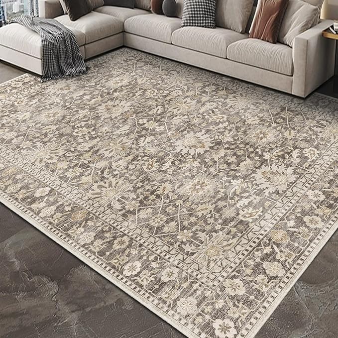 9X12 Area Rugs Machine Washable Rugs for Living Room Bedroom Hallway, Non Slip Indoor Soft Accent Distressed Boho Vintage Print Lightweight Thin Low Pile Carpet (Coffee, 9x12)