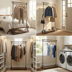 Industrial Pipe Clothing Racks, Rolling Garment Racks, Hall Tree on Lockable Wheels with Shelves and Shoes Storage, Heavy Duty Clothes Rack (Free Standing)
