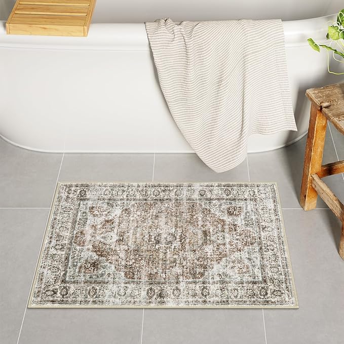 Uphome Boho Bathroom Rugs, Distressed Farmhouse Khaki Bath Mat, Comfy Velvet Small Bath Rugs Non Slip Washable, Vintage Oriental Toilet Rug for Sink Shower Vanity, 18x26 inch