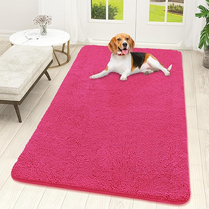 OLANLY Dog Door Mat for Muddy Paws 59x32, Absorbs Moisture and Dirt, Absorbent Non-Slip Washable Doormat, Quick Dry Chenille Mud Mat for Dogs, Entry Indoor Entryway Carpet for Inside Floor, Hot Pink