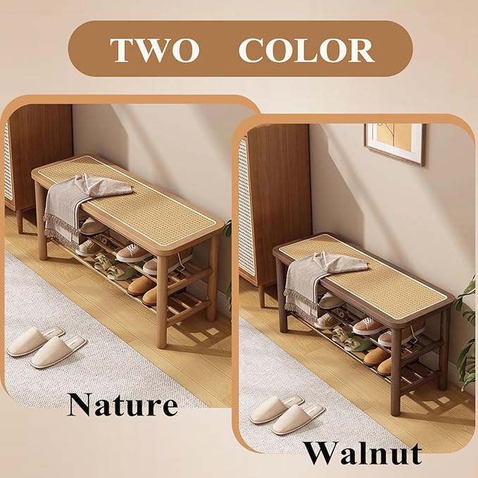 SOBIBO Bamboo Shoe Rack Bench with Rattan Seat, 3-Tier Shoe Storage Bench, Entryway Bench for Hallway Walnut-23.62 inches