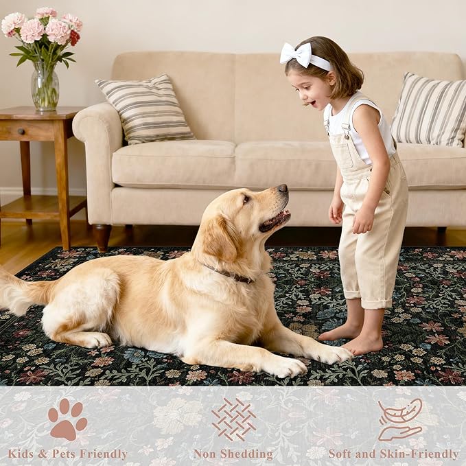 DUKINO 8x10 Area Rugs for Living Room, Vintage Floral Washable Rug with Non Slip Backing, Soft Low Pile & Non-Shedding Large Carpets for Bedroom, Farmhouse, Dining Room, Home Office, Black