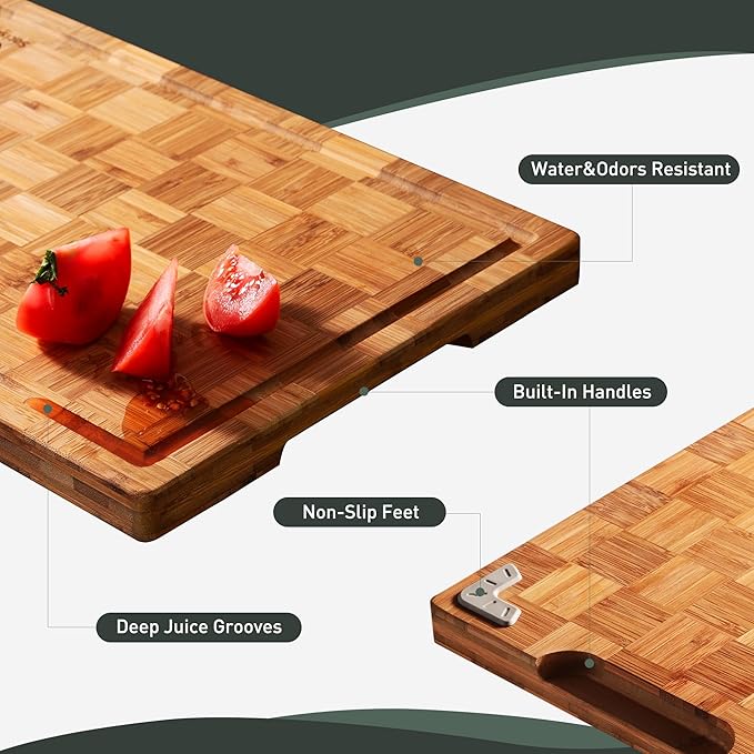 2 Pack Heavy Duty Bamboo Cutting Board Set Non Slip Over Sink Solid End Grain Thick Wood Chopping Board Extra Large Big Small Best Organic Hardwood Wooden Kitchen Essential New Home Housewarming Gift