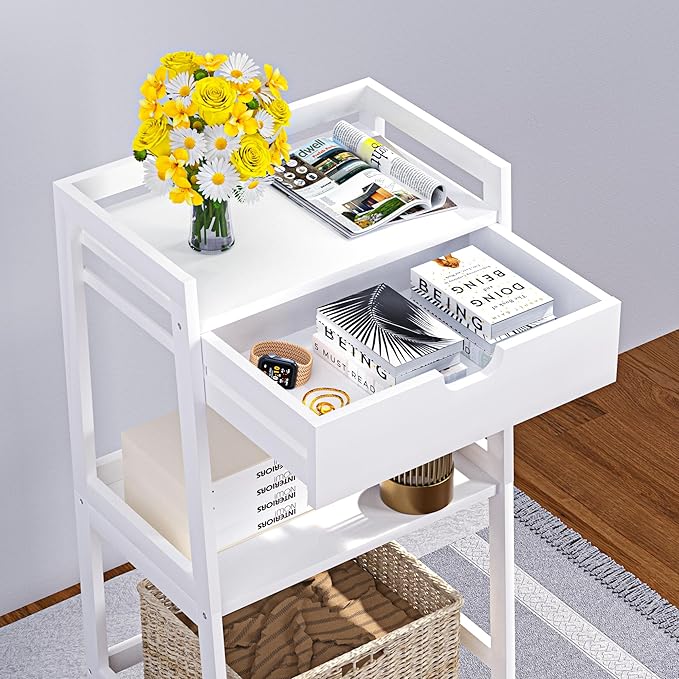 POXAKA 3 Tier Bamboo Bathroom Shelves with Drawer, Ladder Shelf for Bathroom Storage, Space-Saving Design, Stylish Display Nightstand, Stylish Storage Solution for Home, Living Room, Kitchen, Office