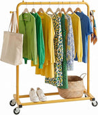 Sywhitta Clothing Rack on Wheels with Storage Shelf & Sturdy Metal Frame, Retail Clothing Rack for Hanging Clothes, Coats,Space-Saving Mobile Organizer for Closet, Bedroom, Laundry Room, Gold Yellow