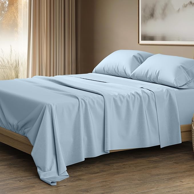 THREAD SPREAD 100% Egyptian Cotton Sheets Queen Size - 1500 Thread Count 4 PC Queen Sheet Set Egyptian Cotton, Sateen Luxury Sheets Queen Size, High Thread Count Sheets, 17" Deep Pocket - Light Blue