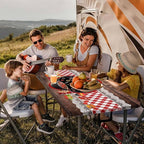 Happy Camper Picnic Table Cover with Bench Covers Elastic Edges, Wooden Red Plaid Fitted Table Cover, Outdoor Patio Camping Essentials 60 Inch 3PCS, Waterproof Fitted Tablecloth with Drawstring Bag