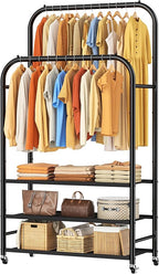 HOMIDEC Double Rods Clothes Rack Clothing Rack with 3 Tier Storage Shelves Clothes Rack for Hanging Clothes Multifunctional Clothes Organizer Bedroom,Wardrobe Closet,Shop,Black