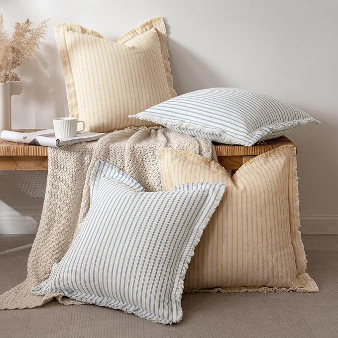 MIULEE Pack of 2 Light Blue Pillow Covers 18x18 Inch Striped Farmhouse Couch Spring Throw Pillow Covers with Fringe Chic Cotton Decorative Cushion Covers for Sofa Living Room Bed Outdoor Home Decor