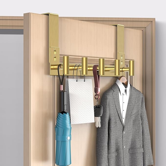 PMMASTO Over The Door Hooks, Fits 1-3/4" Thick Door No Drill Hooks for Closet Bathroom Bedroom Organization, Hanger for Coat Towel Robe (Gold, 5 T-Hooks)