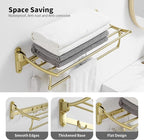 BESy 24 Inch Brushed Gold Towel Racks, Bathroom Towel Shelf with Foldable Towel Bar Holder and Towel Hooks, Wall Mounted Multifunctional Bathroom Accessories, Double Towel Bars