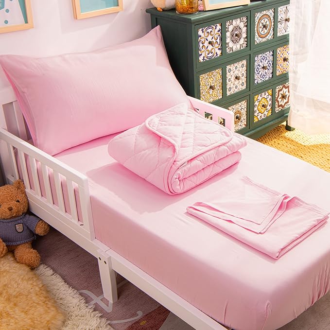 NTBAY Toddler Bedding Set - 4 Piece Soft and Breathable Crib Bedding Set for Boys and Girls, Includes Quilted Comforter, Fitted Sheet, Flat Top Sheet and Envelope Pillowcase, Pink
