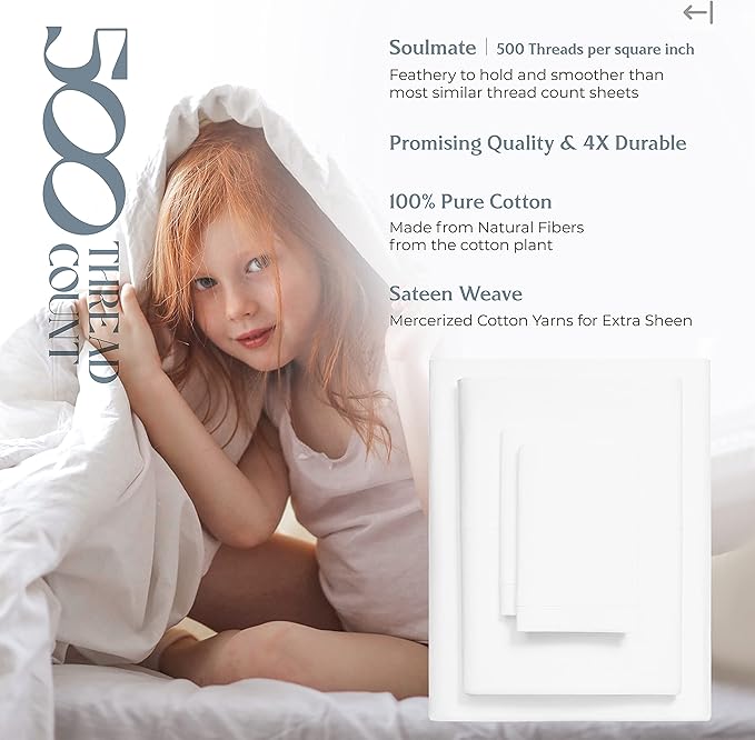 Mayfair Linen 100% Cotton Sheets California King Size Bed Set - 500 Thread Count Sheets Cal King Size 4 PC Set (White), Soft, Cooling, Hotel-Quality 16" Deep Pocket Cotton Bedsheet for Hot Sleepers