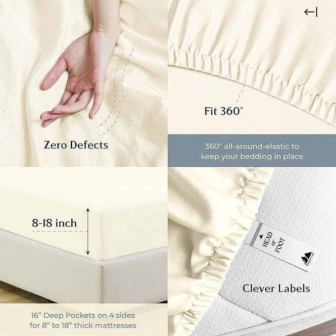 Mayfair Linen 100% Cotton Twin XL Sheet Set - 500 Thread Count Sheets Twin XL Size 3 PC Set (Ivory), Soft, Cooling, Hotel-Quality 16" Deep Pocket Sateen Weave Cotton Bedsheet for Dorm Room