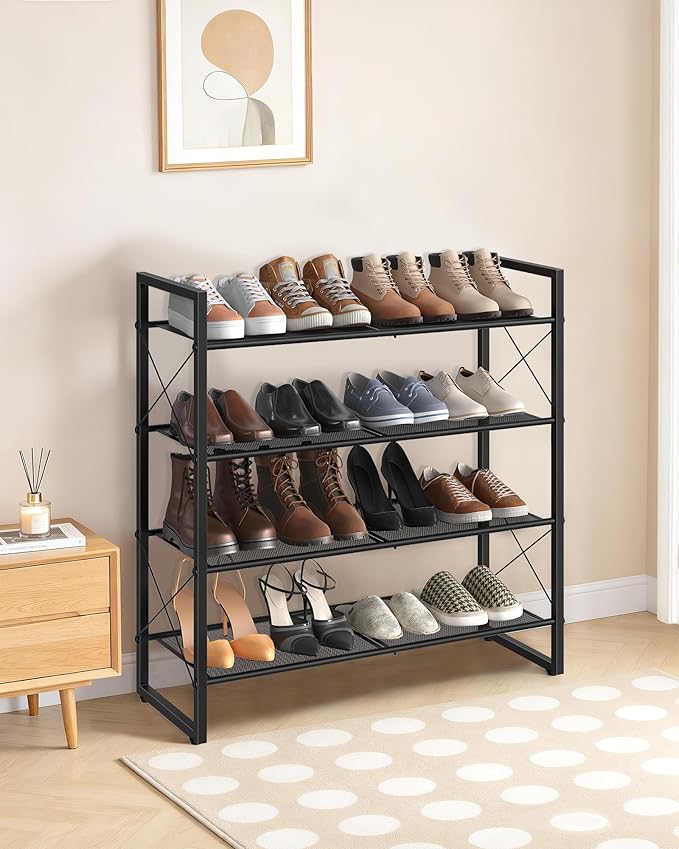 CHOEZON Shoe Rack, 4-Tier Shoe Rack for Closet, Metal Shoe Storage Organizer, Shoe Rack for Entryway, Shoe Shelf with Adjustable Feets, for Entryway, Hallway, Living Room, Bedroom, Black TXJ14BB