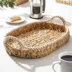 Gibson Home Riverrun Grove 17" Woven Decorative Serving Tray – Large Natural Water Hyacinth Basket w/Wood-Bead Trim & Handles for Coffee Table Décor, Ottomans, Centerpieces & Kitchen Counter Display
