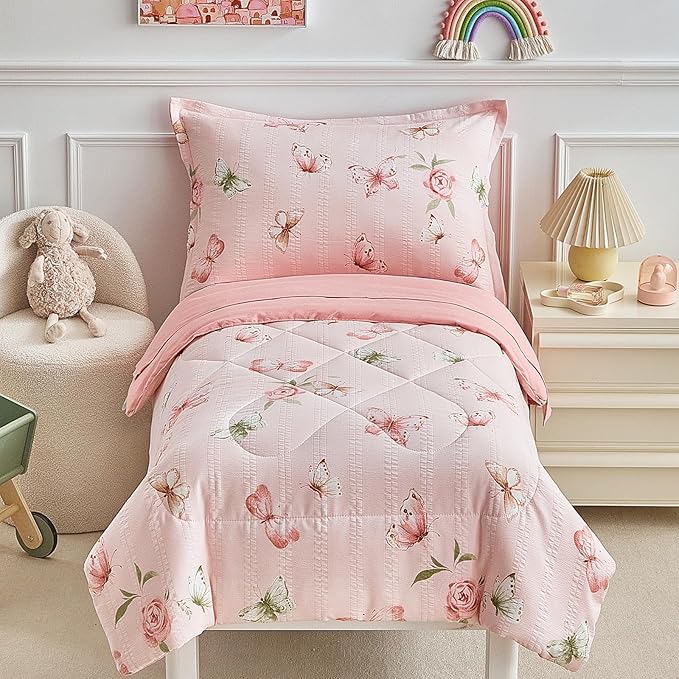 DuShow Pink Butterfly Toddler Bedding Set for Girls,4 Pieces Toddler Bed Set,Seersucker Toddler Comforter Set,Includes Comforter,Flat Sheet,Fitted Sheet and Pillowcase