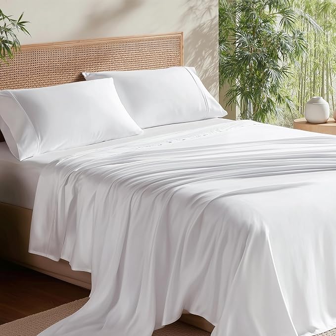 Bedsure King Size Sheet Set, Cooling Sheets, Rayon Derived from Bamboo, Deep Pocket Up to 16", Breathable & Soft, Bed Sheets, Hotel Luxury Silky Bedding for Hot Sleepers, White