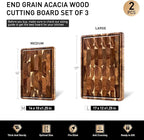 End Grain Cutting Board Set of 2 with Non-slip Feet, Reversible Acacia Wood Cutting Boards for Kitchen with Juice Grooves and Handles Non Toxic Chopping Board Butcher Block Serving Tray Kitchen Gift