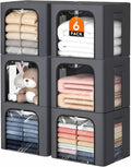 6 Pack Clothes Storage Bins with Metal Frame,40L Storage Bags Fabric Box Organizer with Clear Window,Zippers,Sturdy Handles(6 Pcs,Light Grey,40L)