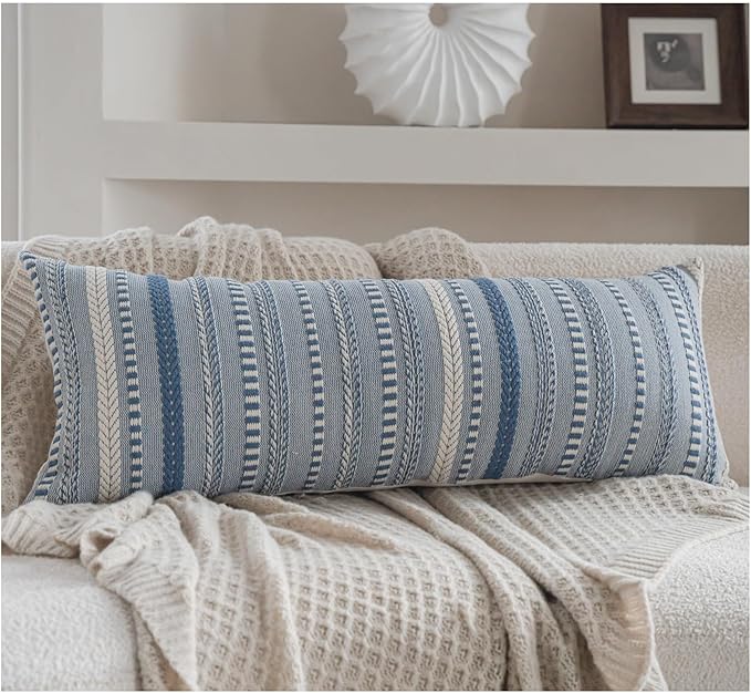 Boho Lumbar Pillow Covers 14x36 Long, Farmhouse Decorative Couch Pillow Cases, Blue Accent Pillows of Bed, Sofa Bedroom Living Room Home Decor Cushion Cover, Pack of 1