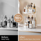 Delamu Rotating Makeup Organizer for Vanity, 2 Tier Bathroom Counter Organizer with Stackable Design, Spinning Skincare Organizer for Bathroom Countertop, Perfume Cosmetic Storage, Clear