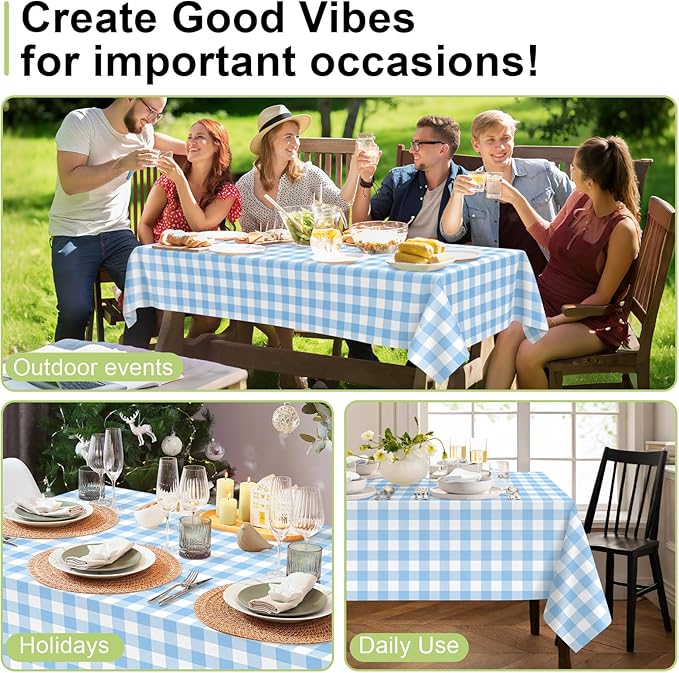 QIKSION Light Blue Gingham Tablecloth Disposable 3 Pack, 54 x 108 Inch Blue and White Checkered Table Cloth for Baby Shower, Easter Decorations, Birthday Party, Rectangle, Plastic Table Cover