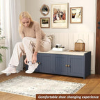 HOMEFORT 48.4" Shoe Storage Bench with Cushion, Entryway Bench with Paddded Seat, 2-Tier Shoe Cabinet Bench with Adjustable Shelves and 4 Doors, Wooden End of Bed Bench, for Bedroom, Hallway, Blue